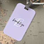 Trendy Lavender Black White Script Monogram  Luggage Tag<br><div class="desc">This elegant personalised luggage tag feature a monogram and first name in modern black and white script on a trendy lavender background.</div>