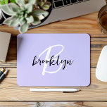 Trendy Lavender Black White Script Monogram  Mouse Pad<br><div class="desc">This elegant personalised mouse pad features a monogram and first name in modern black and white script on a trendy lavender background.</div>