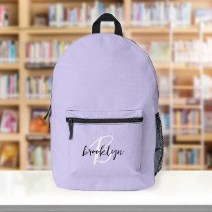 Trendy Lavender Black White Script Monogram  Printed Backpack