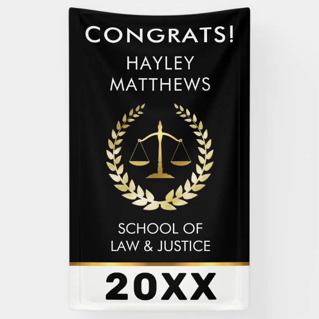 Trendy Law Student Graduation Gold & Black Banner (Vertical)