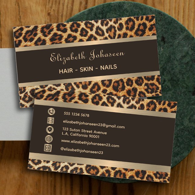 Trendy Leopard Animal Print Brown and Gold Stripes Business Card (Creator Uploaded)