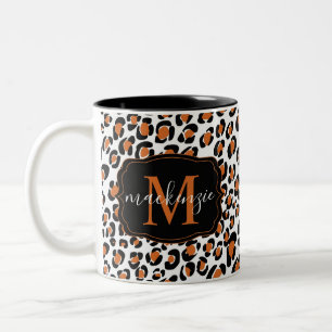 Trendy Leopard Animal Print Pattern Monogram Name Two-Tone Coffee Mug