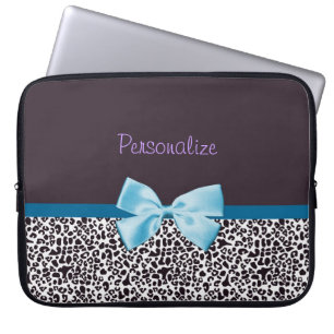 Trendy Leopard Print and Blue Ribbon With Name Laptop Sleeve