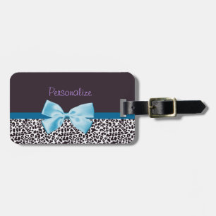 Trendy Leopard Print and Blue Ribbon With Name Luggage Tag