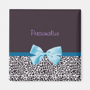 Trendy Leopard Print and Blue Ribbon With Name Magnet