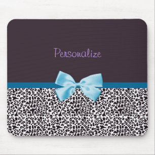 Trendy Leopard Print and Blue Ribbon With Name Mouse Pad