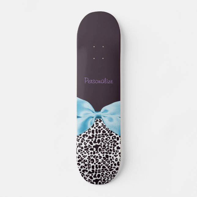 Trendy Leopard Print and Blue Ribbon With Name Skateboard (Front)