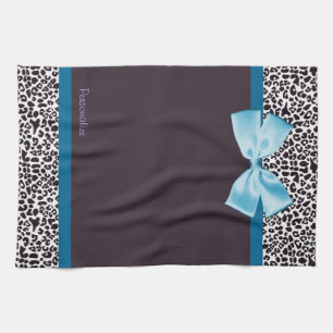 Trendy Leopard Print and Blue Ribbon With Name Tea Towel