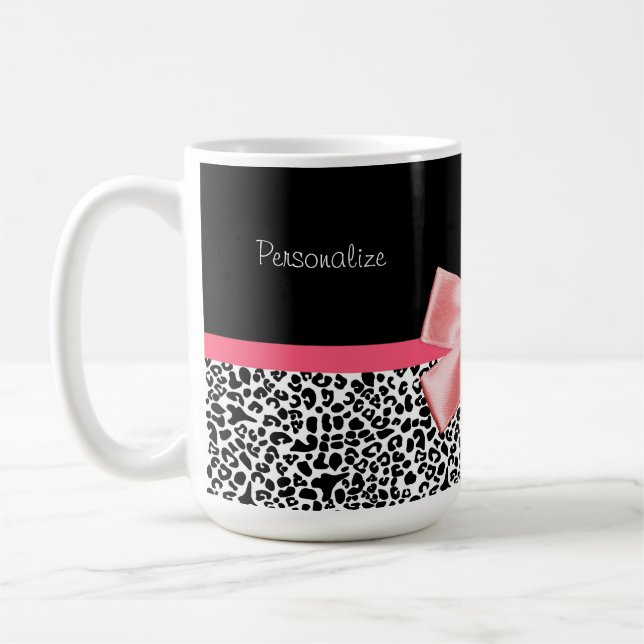 Trendy Leopard Print and Pink Ribbon With Name Coffee Mug (Left)