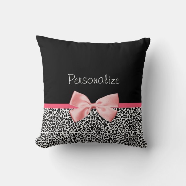 Trendy Leopard Print and Pink Ribbon With Name Cushion (Front)