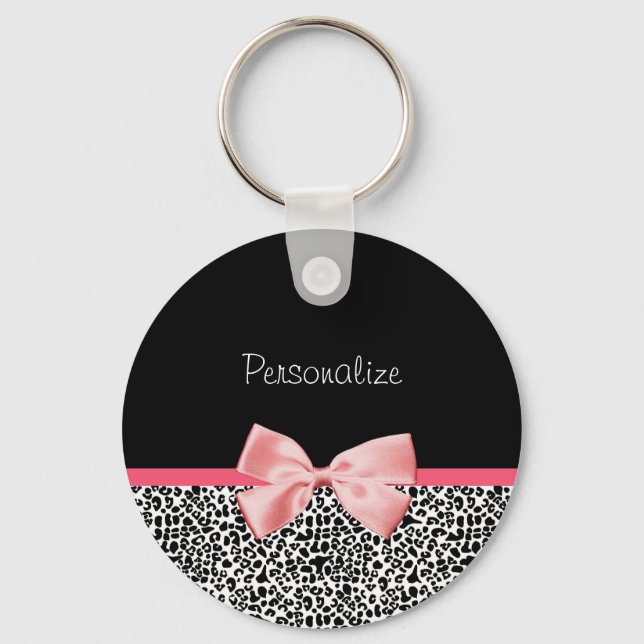 Trendy Leopard Print and Pink Ribbon With Name Key Ring (Front)