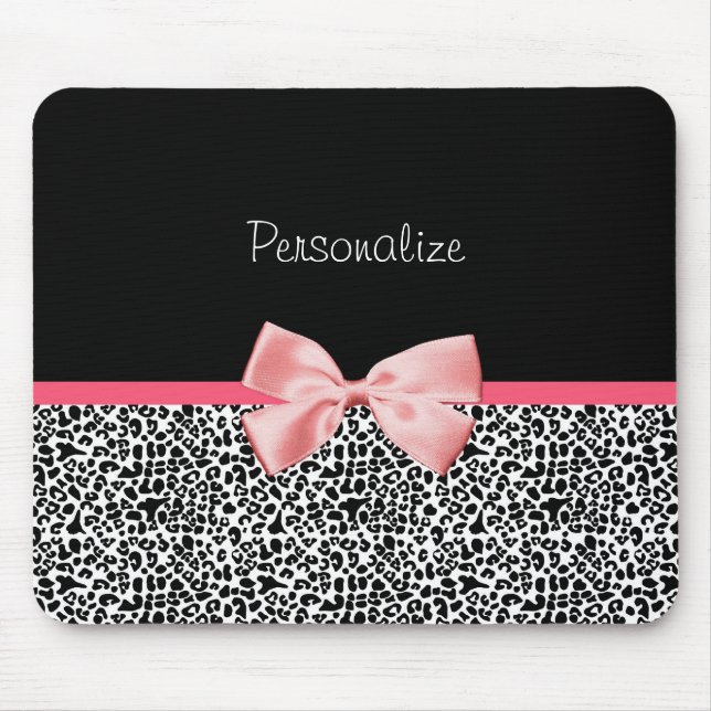Trendy Leopard Print and Pink Ribbon With Name Mouse Pad (Front)