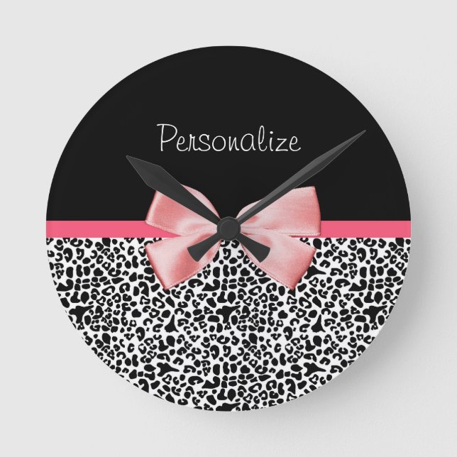 Trendy Leopard Print and Pink Ribbon With Name Round Clock (Front)