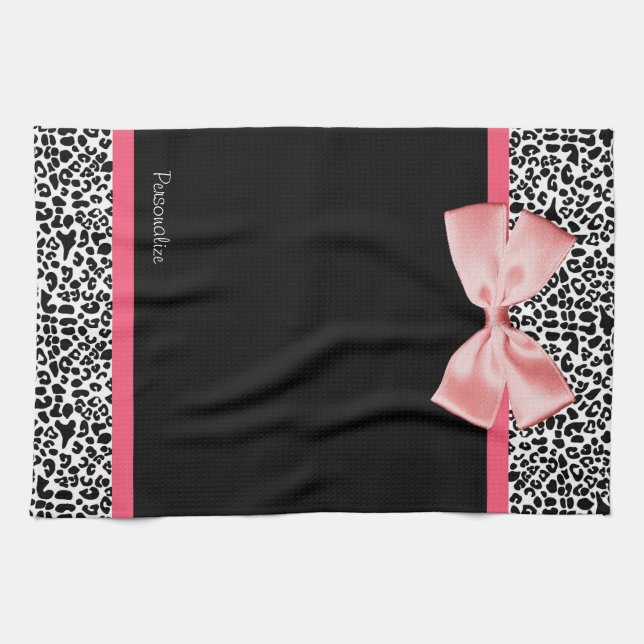Trendy Leopard Print and Pink Ribbon With Name Tea Towel (Horizontal)