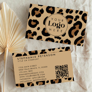 Trendy Leopard Print Custom Company Logo QR Code Business Card