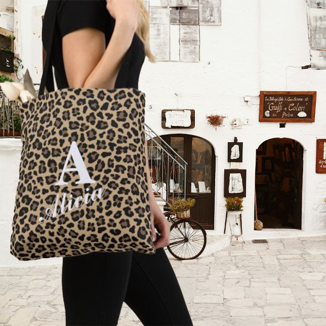 Trendy Leopard Print Custom Monogram & Name Tote Bag (Creator Uploaded)