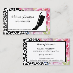 Trendy Leopard Print Floral Housekeeper and Vacuum Business Card
