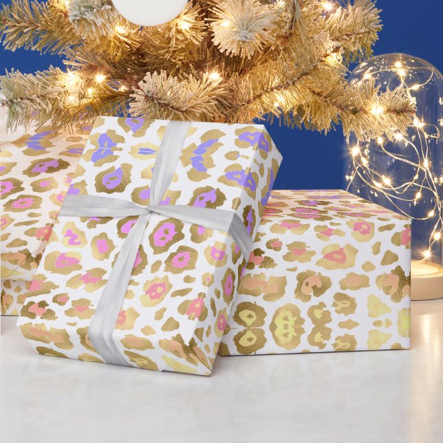 Trendy leopard print gold foil rainbow pattern wrapping paper (Holidays)