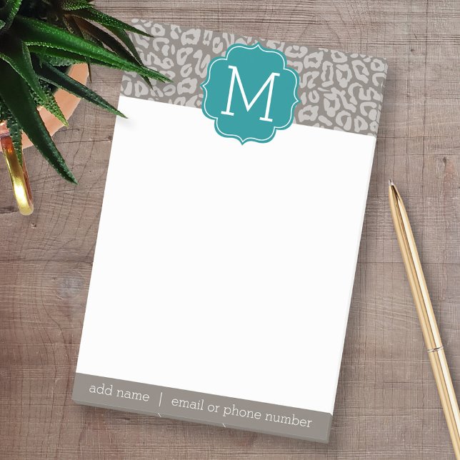 Trendy Leopard Print Pattern with Aqua Monogram Post-it Notes (Personalized Post-it Notes - add your name and other social media contact information)