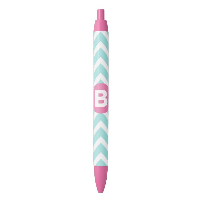 Trendy Light Blue Chevron Pink Monogram Black Ink Pen (Front Vertical)