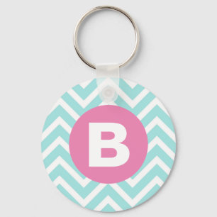 Trendy Light Blue Chevron Pink Monogram Key Ring