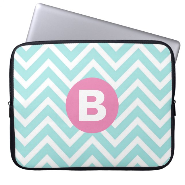 Trendy Light Blue Chevron Pink Monogram Laptop Sleeve (Front)
