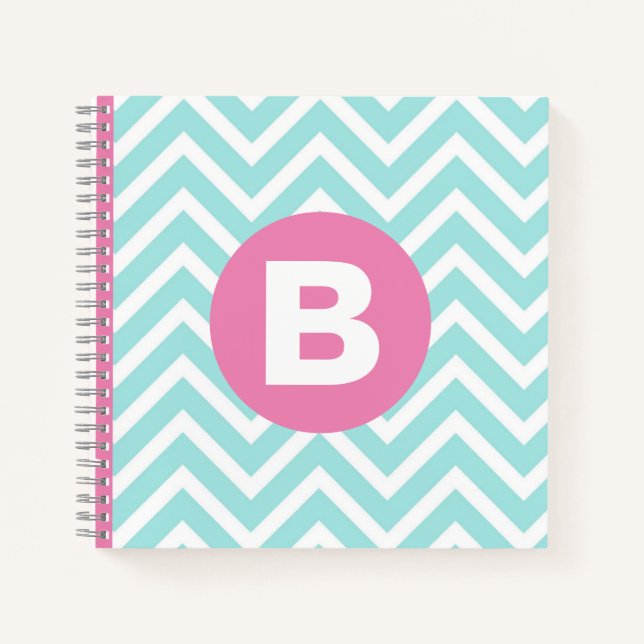 Trendy Light Blue Chevron Pink Monogram Notebook (Front)