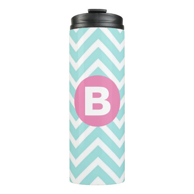 Trendy Light Blue Chevron Pink Monogram Thermal Tumbler (Front)