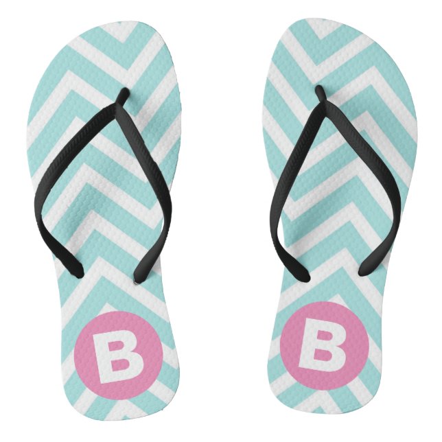 Trendy Light Blue Chevron Pink Monogram Thongs (Footbed)