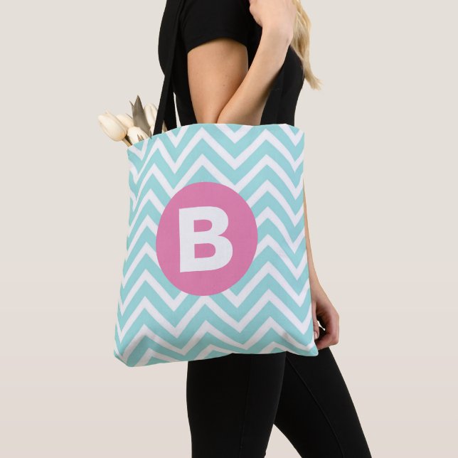 Trendy Light Blue Chevron Pink Monogram Tote Bag (Close Up)
