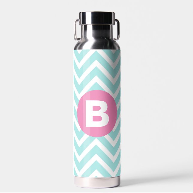 Trendy Light Blue Chevron Pink Monogram Water Bottle (Front)
