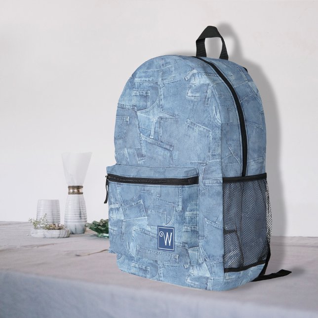Trendy Light Blue Jean Faux Effect Monogram Printed Backpack (Trendy light jean blue faux effect name custom printed backpack, back to school, travel backpack)