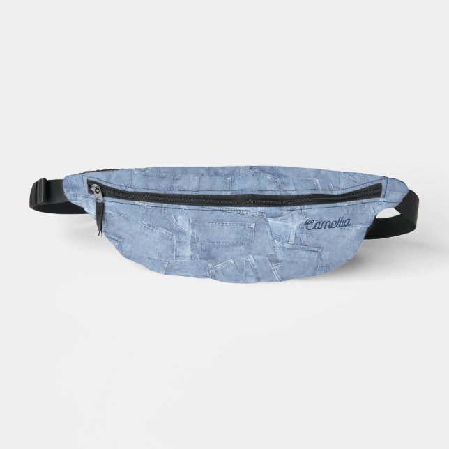 Trendy Light Blue Jean Faux Effect Name Custom Bum Bags (Front)