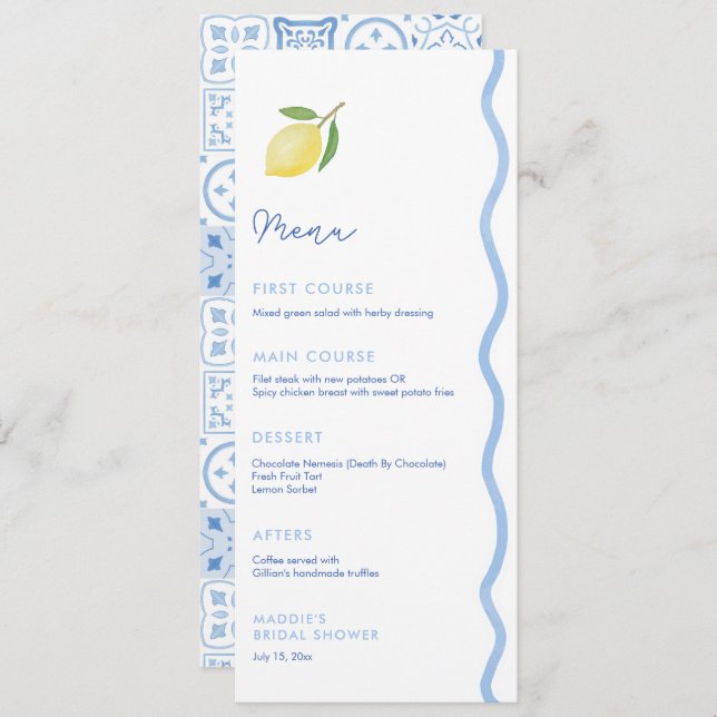 Trendy Light Blue Wavy Edge Lemons Wedding Shower  Menu (Front/Back)