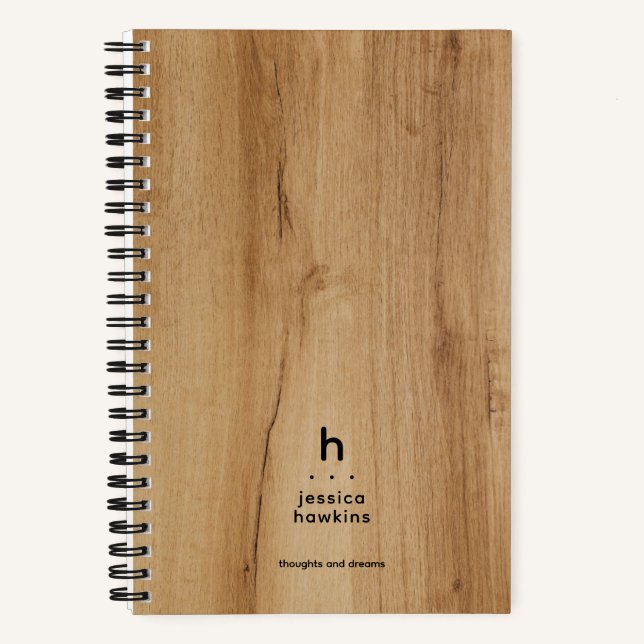 Trendy Light Brown Wood Veneer Modern Monogram Notebook (Front)