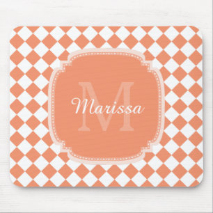 Trendy Light Orange Checked Monogrammed Name Mouse Pad