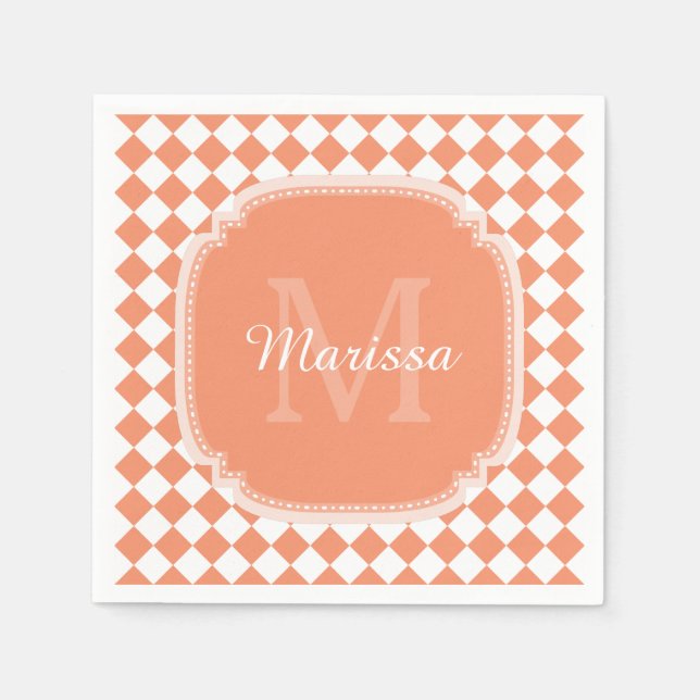 Trendy Light Orange Checked Monogrammed Name Napkin (Front)