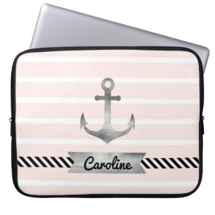 Trendy Light Pink Stripes Nautical Anchor Custom Laptop Sleeve