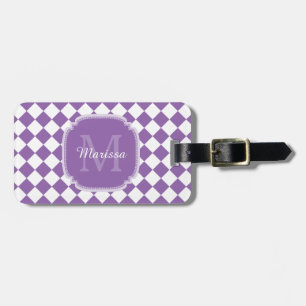 Trendy Light Purple Checked Monogrammed Name Luggage Tag