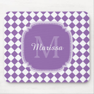 Trendy Light Purple Checked Monogrammed Name Mouse Pad