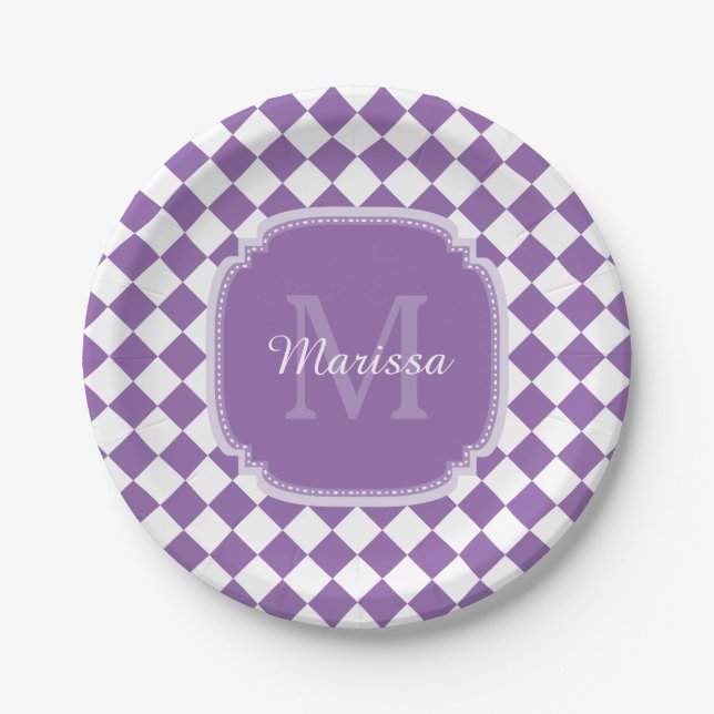 Trendy Light Purple Checked Monogrammed Name Paper Plate (Front)