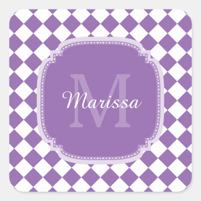 Trendy Light Purple Checked Monogrammed Name Square Sticker (Front)
