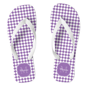 Trendy Light Purple Checked Monogrammed Name Thongs