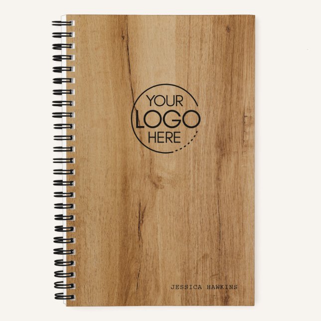 Trendy Light Wood Veneer Print Modern Logo Notebook (Front)