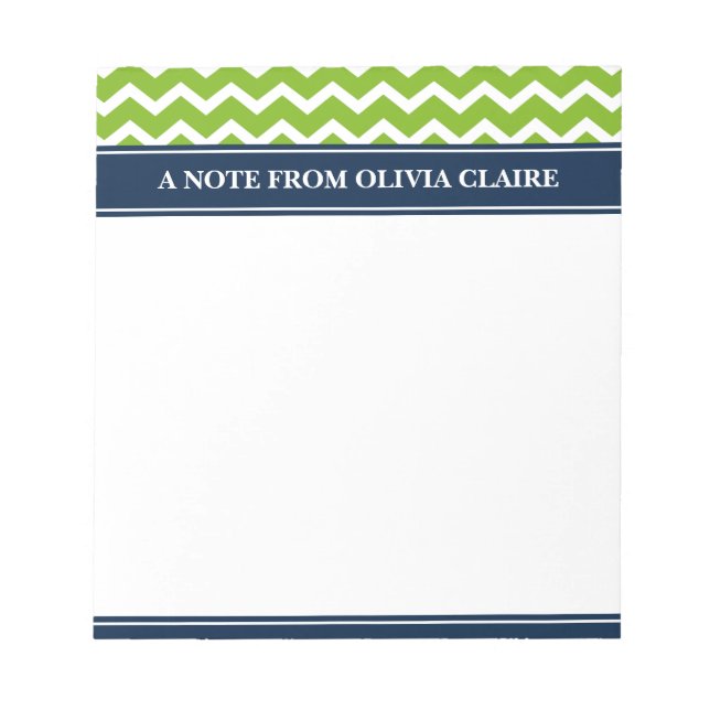 Trendy Lime Chevron Navy Custom Name Notepad (Front)