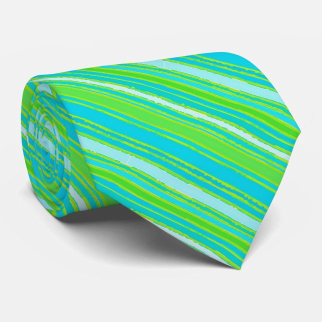 Trendy Lime Green Aqua Turquoise Stripes Pattern Tie (Rolled)