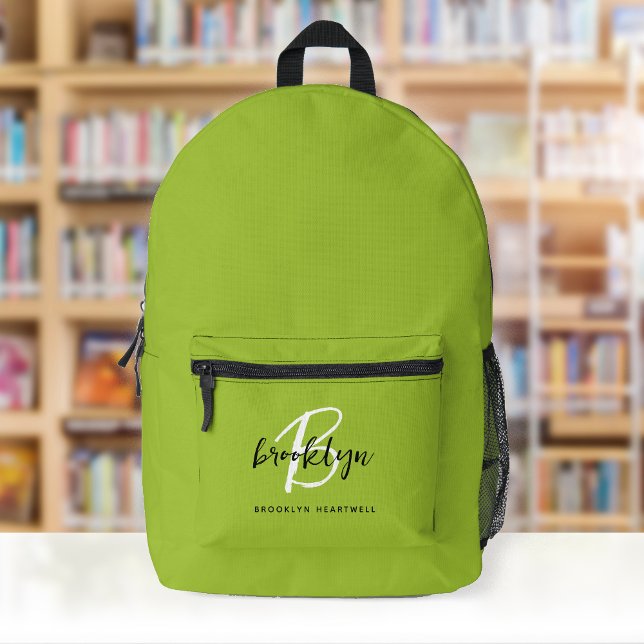 Trendy Lime Green Black White Monogram Name Printed Backpack (Creator Uploaded)