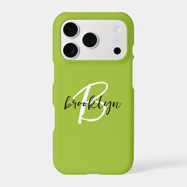 Trendy Lime Green Black White Script Monogram  (Back)