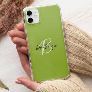 Trendy Lime Green Black White Script Monogram  iPhone 11 Pro Case