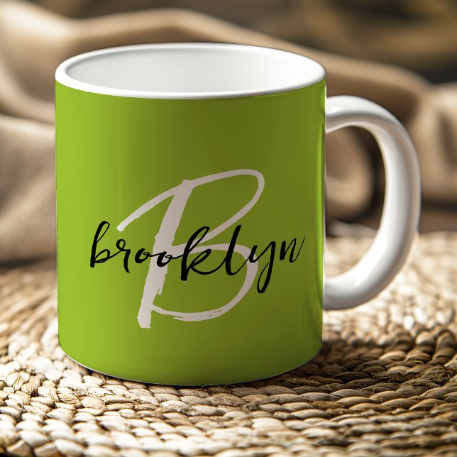 Trendy Lime Green Black White Script Monogram  Coffee Mug (Creator Uploaded)